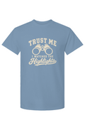 Trust Me, I Watched the Highlights men's baseball graphic tee in stone blue